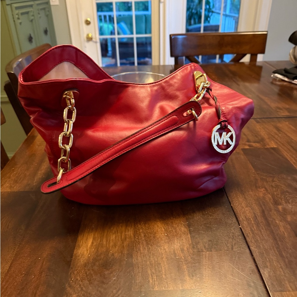 Michael Kors Cherry Red Shoulder Bag with Gold Chain